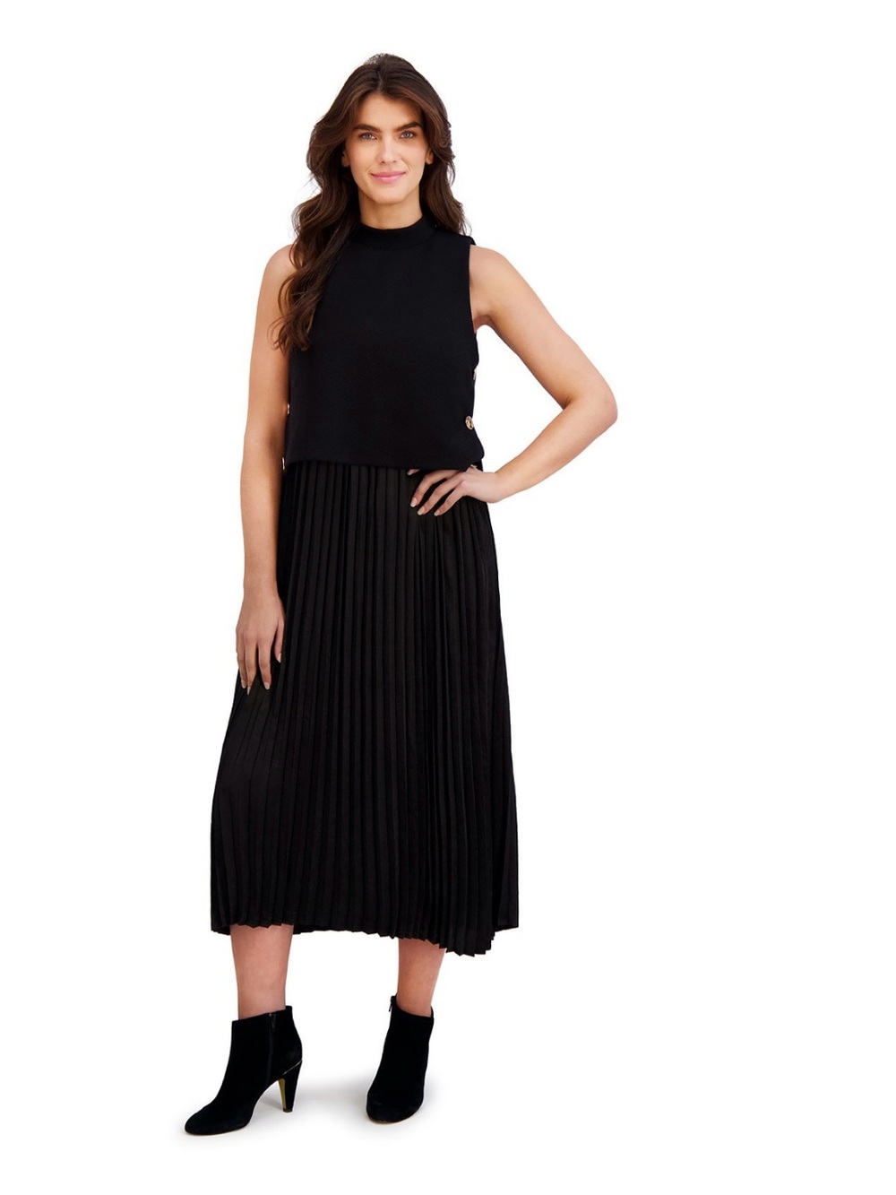 London Times Black Pleated Women’s Side Button Popover Dress - NWT